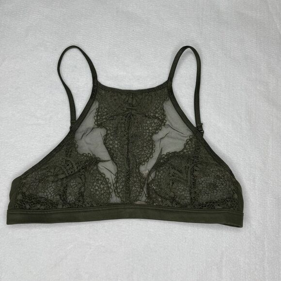 Victoria’s Secret XS High Neck Lace Bralette Sheer Bra Mesh Olive Green Strappy - Picture 1 of 4